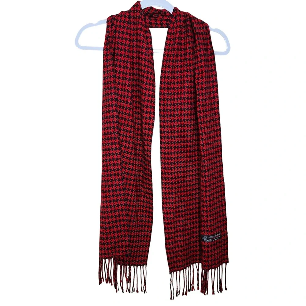 100% Cashmere Red Black Houndstooth Scarf Italian Design Classic Luxury Menswear